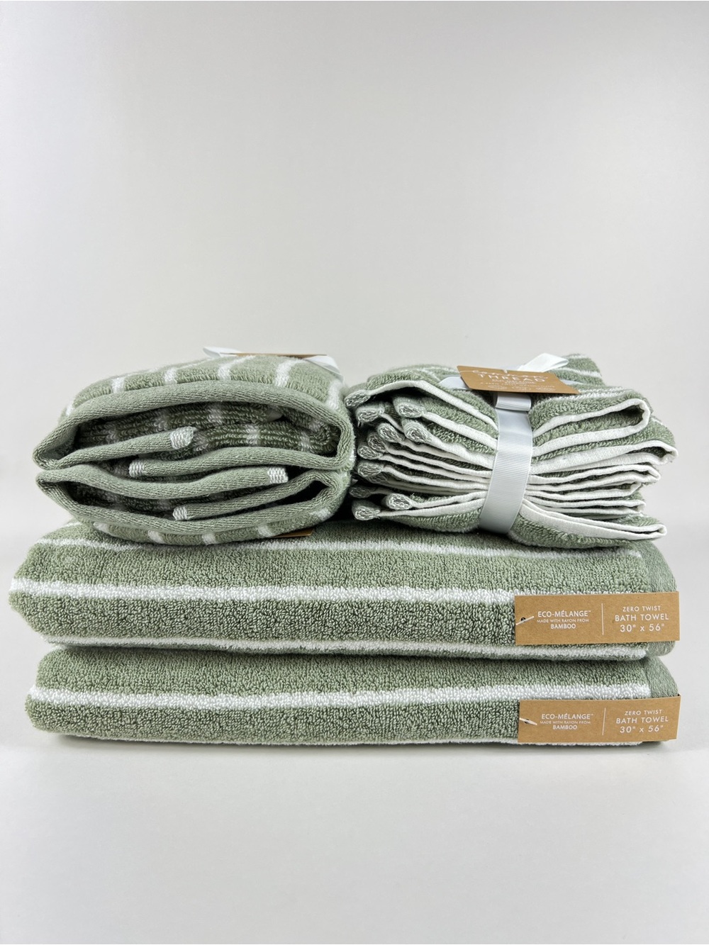 Common Thread Bamboo Bath Towel Set Green White Stripe Soft Cotton 8 Pc Set NEW